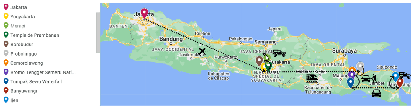 L'itinéraire du road trip en Java