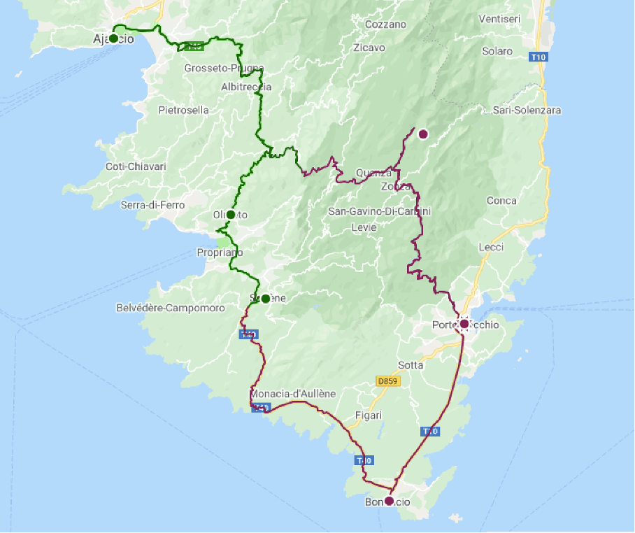 Itinéraire des deux premiers jours du road trip en Corse du Sud